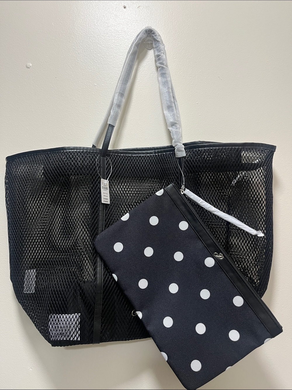 PINK Victoria's Secret Black Mesh Tote with Polka Dot Pouch